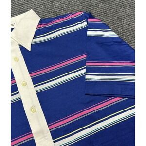 Vintage SporThomson Polo Shirt Mens Medium Blue Striped Mercerized Cotton 80s